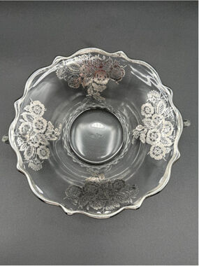 Heisey 6.5" Etched Glass Serving Bowl Silver Overlay Floral Handles Vintage